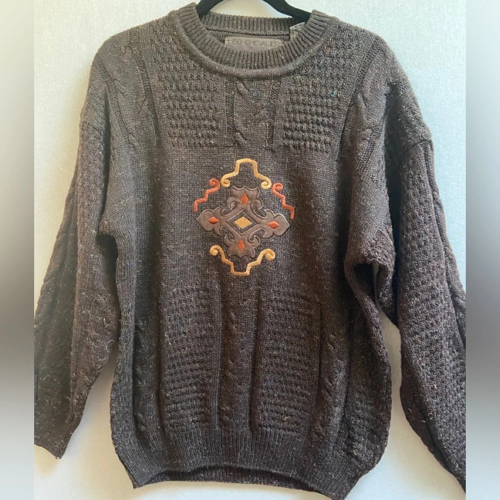 Vintage Leo Chevalier Embroidered Wool Blend Crewneck Knit Sweater Sz S Brown